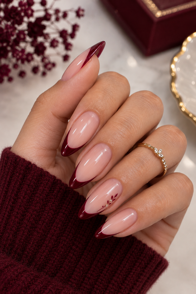 Burgundy Baby French Nails with elegant almond-shaped burgundy tips
