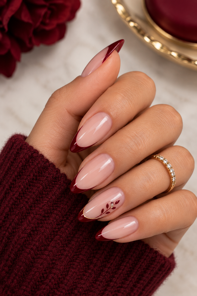Burgundy Baby French Nails with elegant almond-shaped burgundy tips